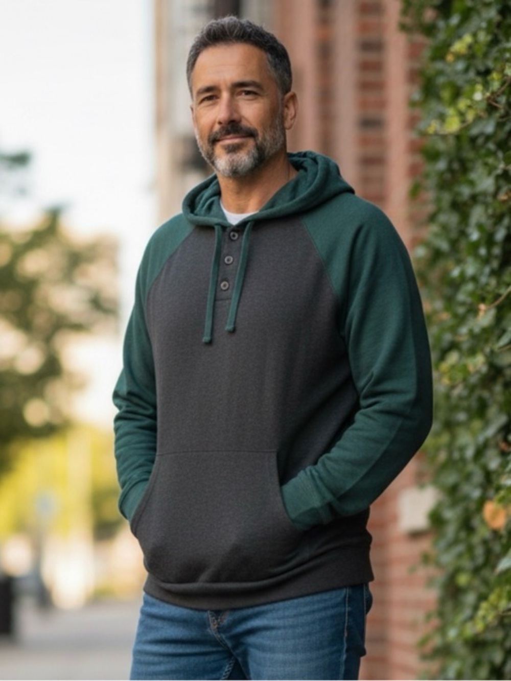 🫶🏻 Ruff Hewn Two-Tone Hooded Henley Sweatshirt - Dark Gray & Forest Green
